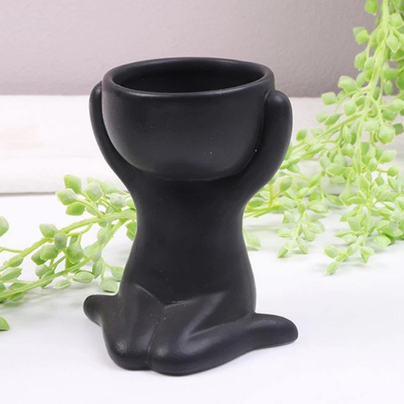 Little Human Ceramic Succulent Planter Sitting on Knees / Black | Sage & Sill