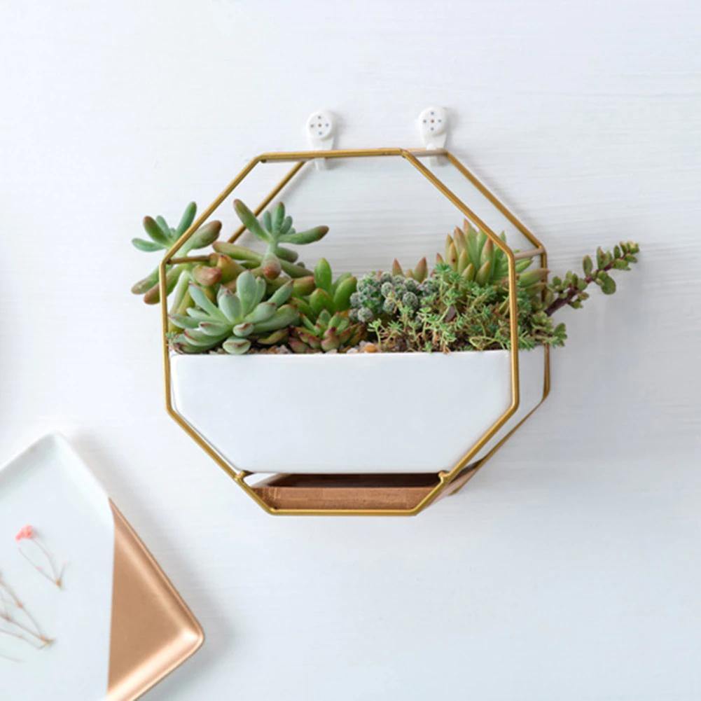 Geometric Ceramic Wall Planter with Octagonal Iron Frame