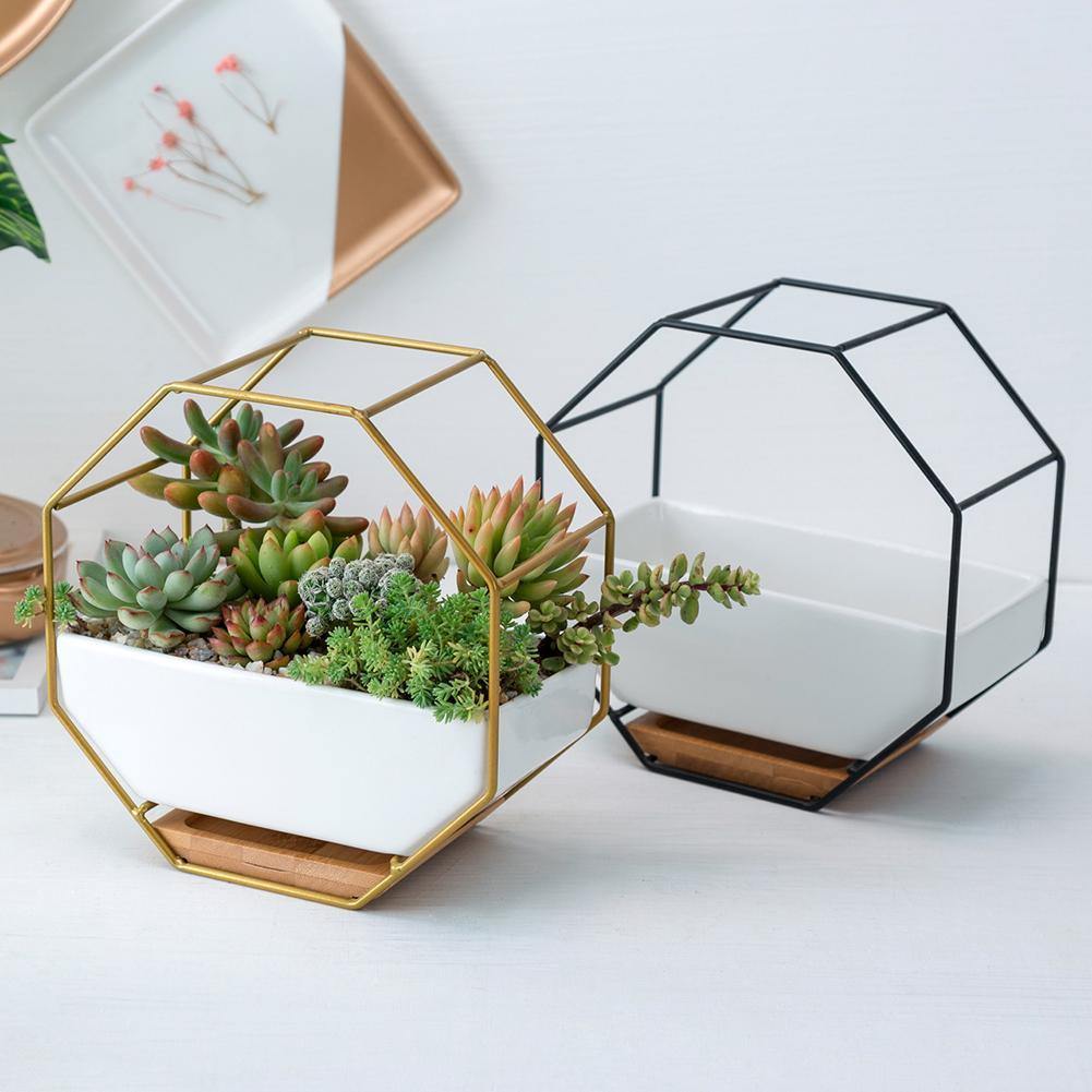 Geometric Ceramic Wall Planter with Octagonal Iron Frame